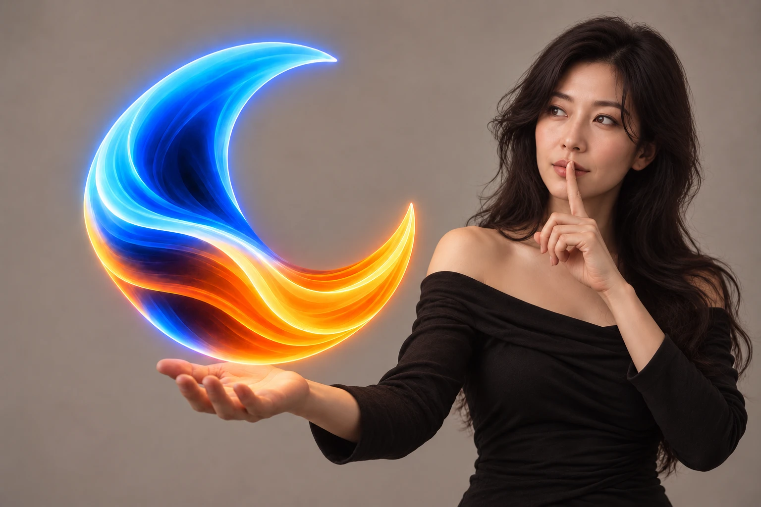 큰 허쉬 초승달 심볼을 손 위에 올리고 뒤쪽에서 쉿 하는 여성을 담은 브랜드 이미지