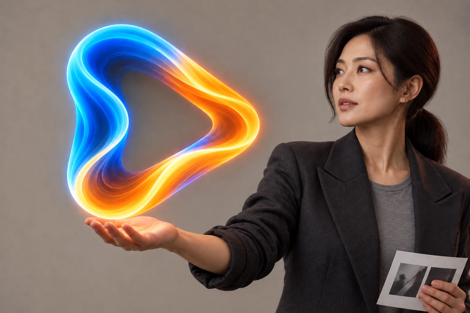 손 위에 올린 큰 테이크 심볼과 뒤쪽의 크리에이티브 디렉터를 담은 브랜드 이미지